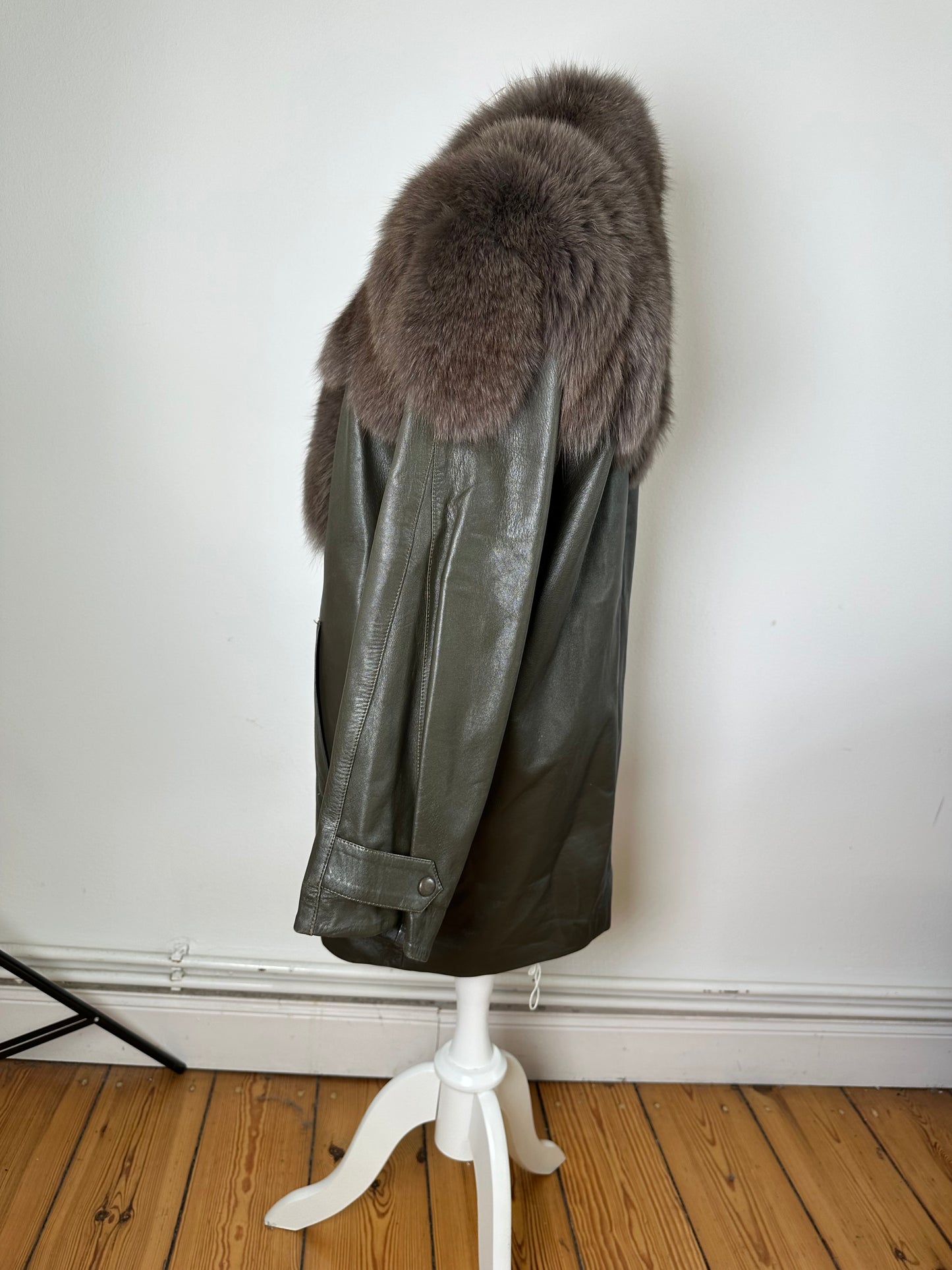 Vintage Chloé Leather Fur Trim Coat Olive Green L