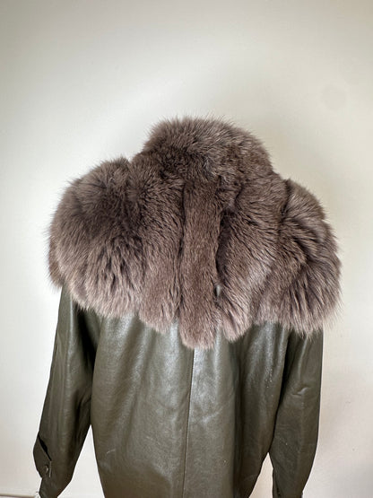 Vintage Chloé Leather Fur Trim Coat Olive Green L