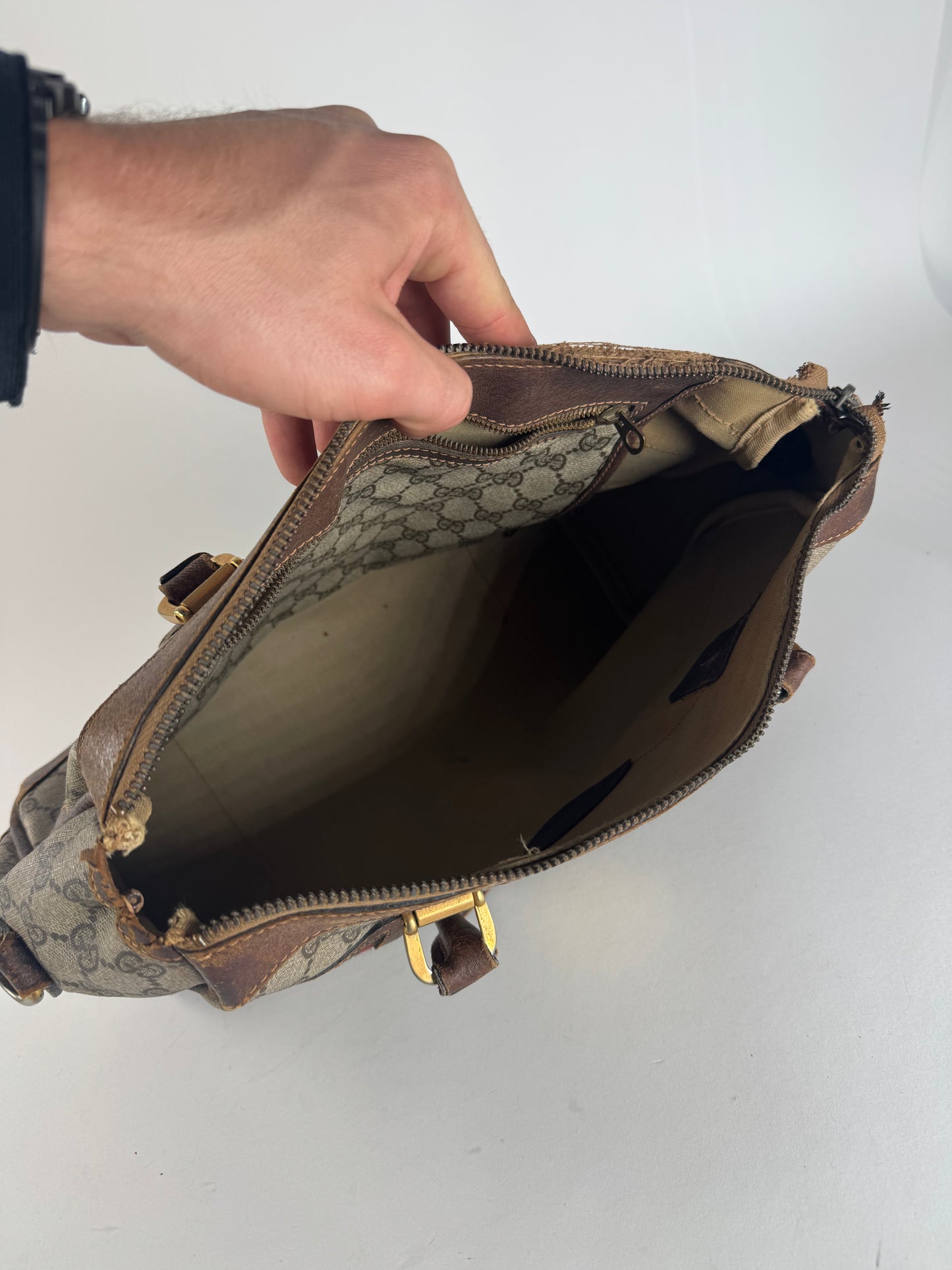 Vintage Gucci Monogram Leather Handbag Brown Grey