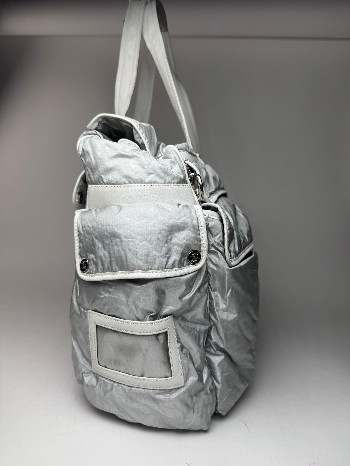 Vintage Celine Paris Puffer duffel bag silver white