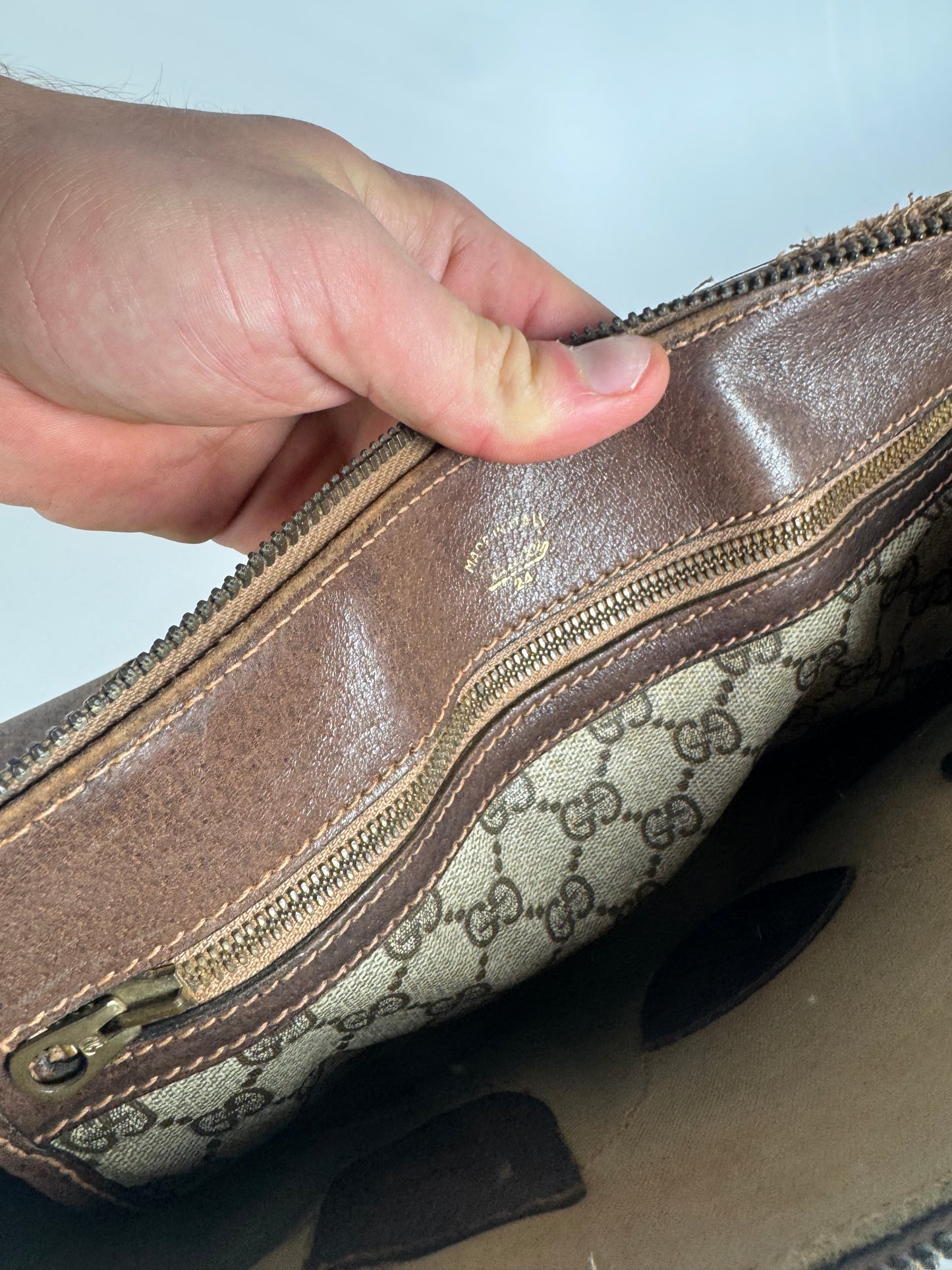 Vintage Gucci Monogram Leather Handbag Brown Grey