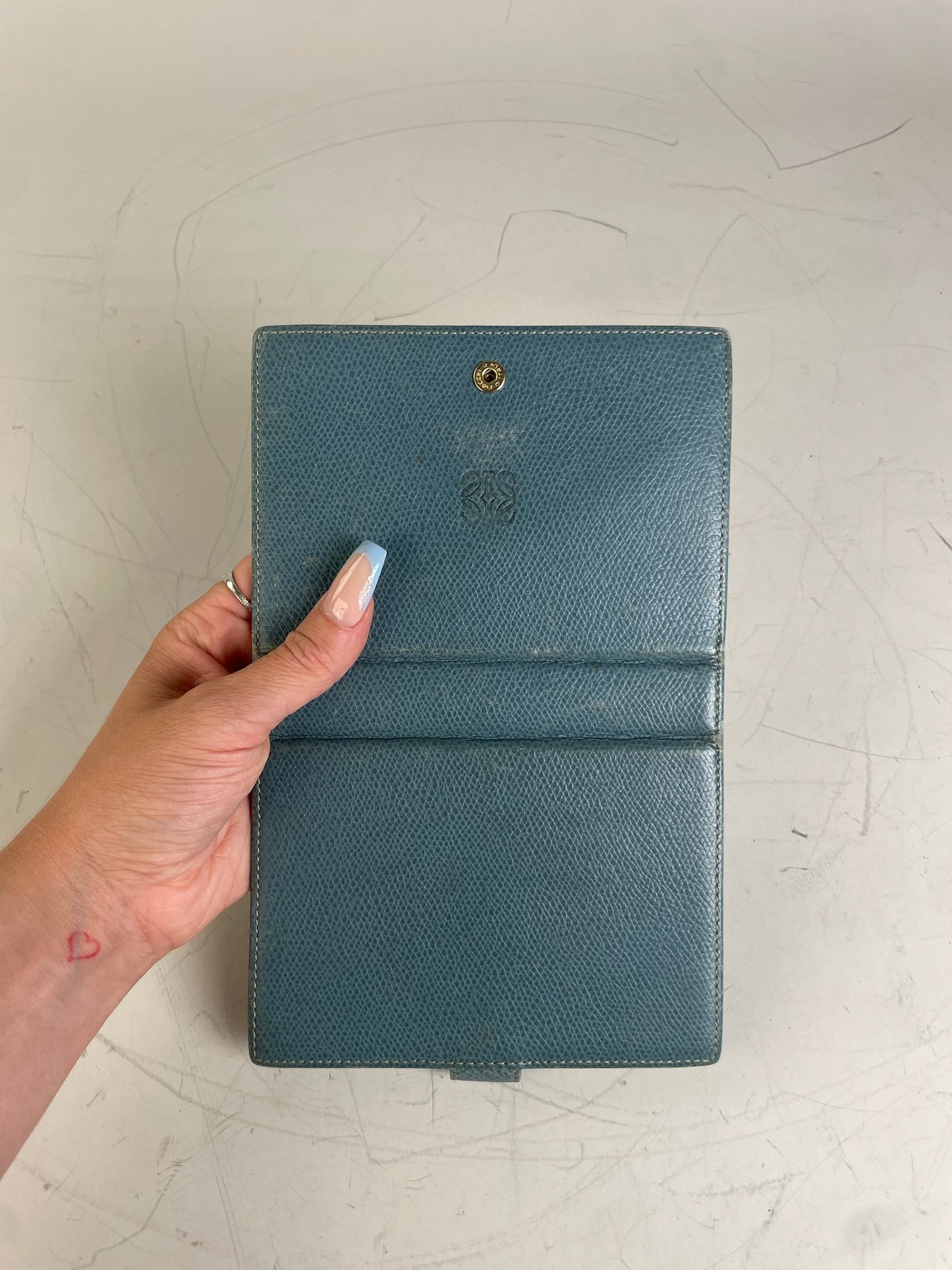 Vintage Loewe Leather Wallet Teal Gold Snap Early 2000s