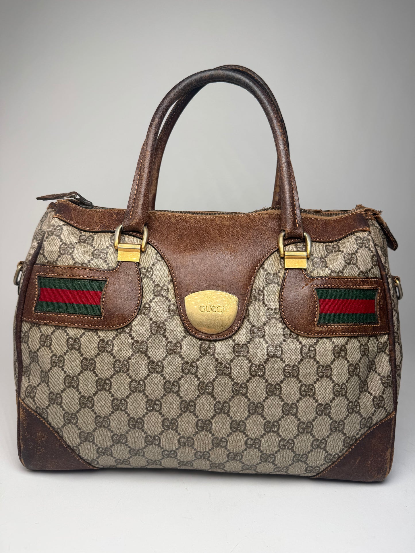 Vintage Gucci Monogram Leather Handbag Brown Grey