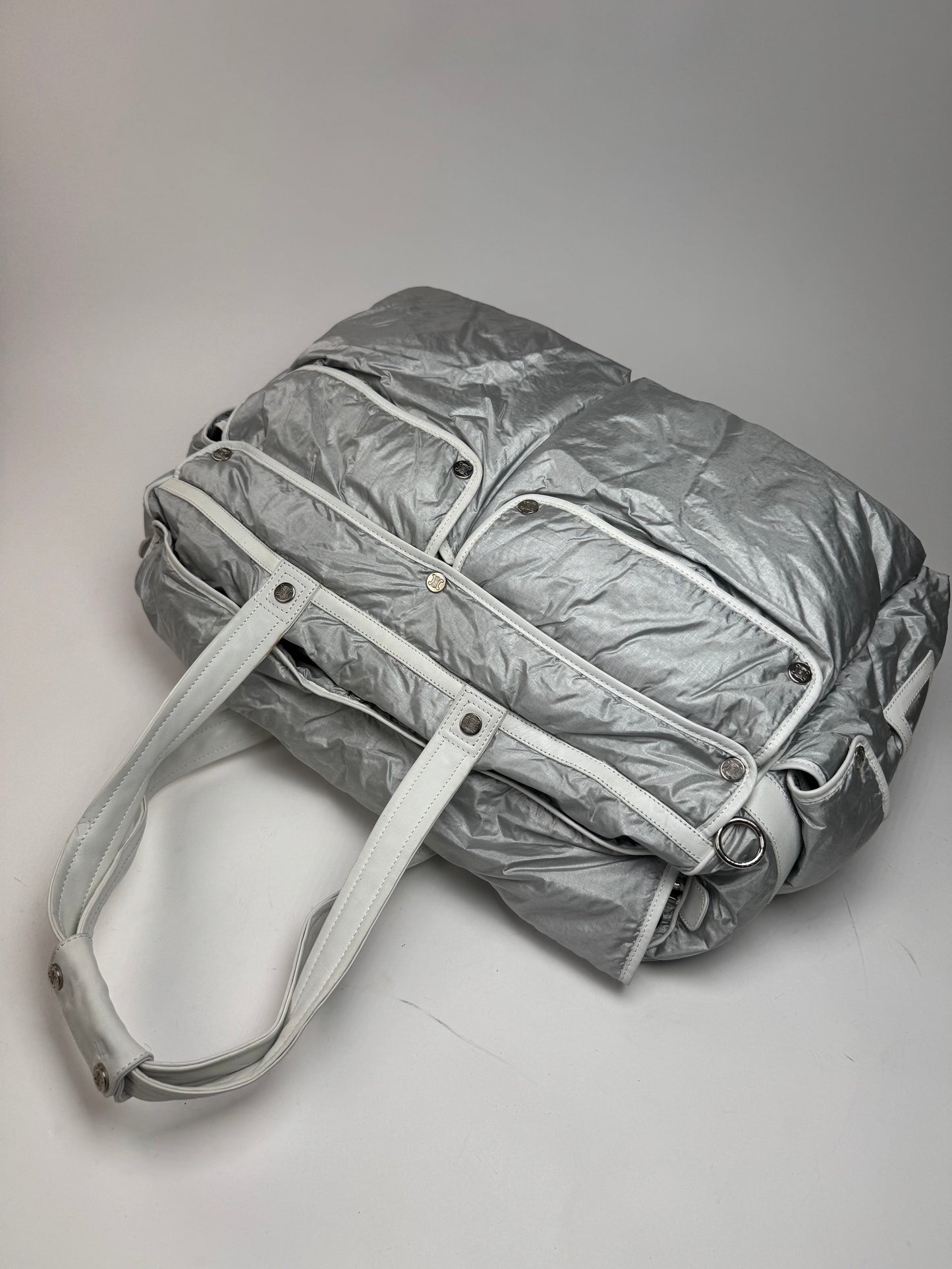 Vintage Celine Paris Puffer duffel bag silver white