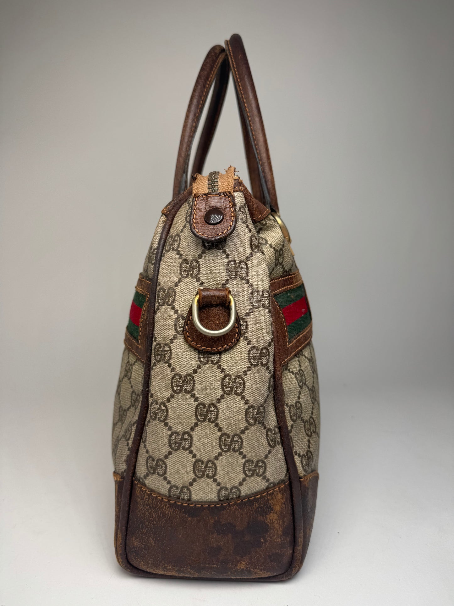 Vintage Gucci Monogram Leather Handbag Brown Grey