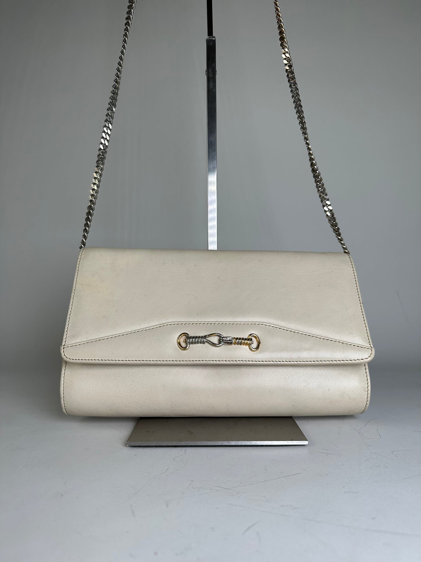 Vintage Celine Leather Shoulder Bag Cream Gold