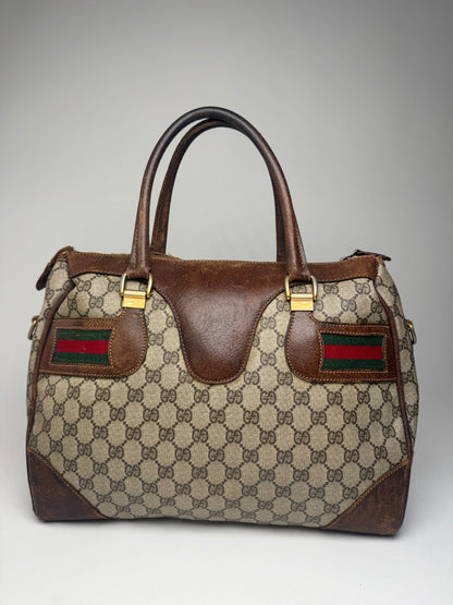 Vintage Gucci Monogram Leather Handbag Brown Grey
