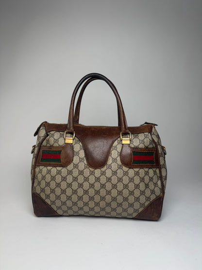 Vintage Gucci Monogram Leather Handbag Brown Grey