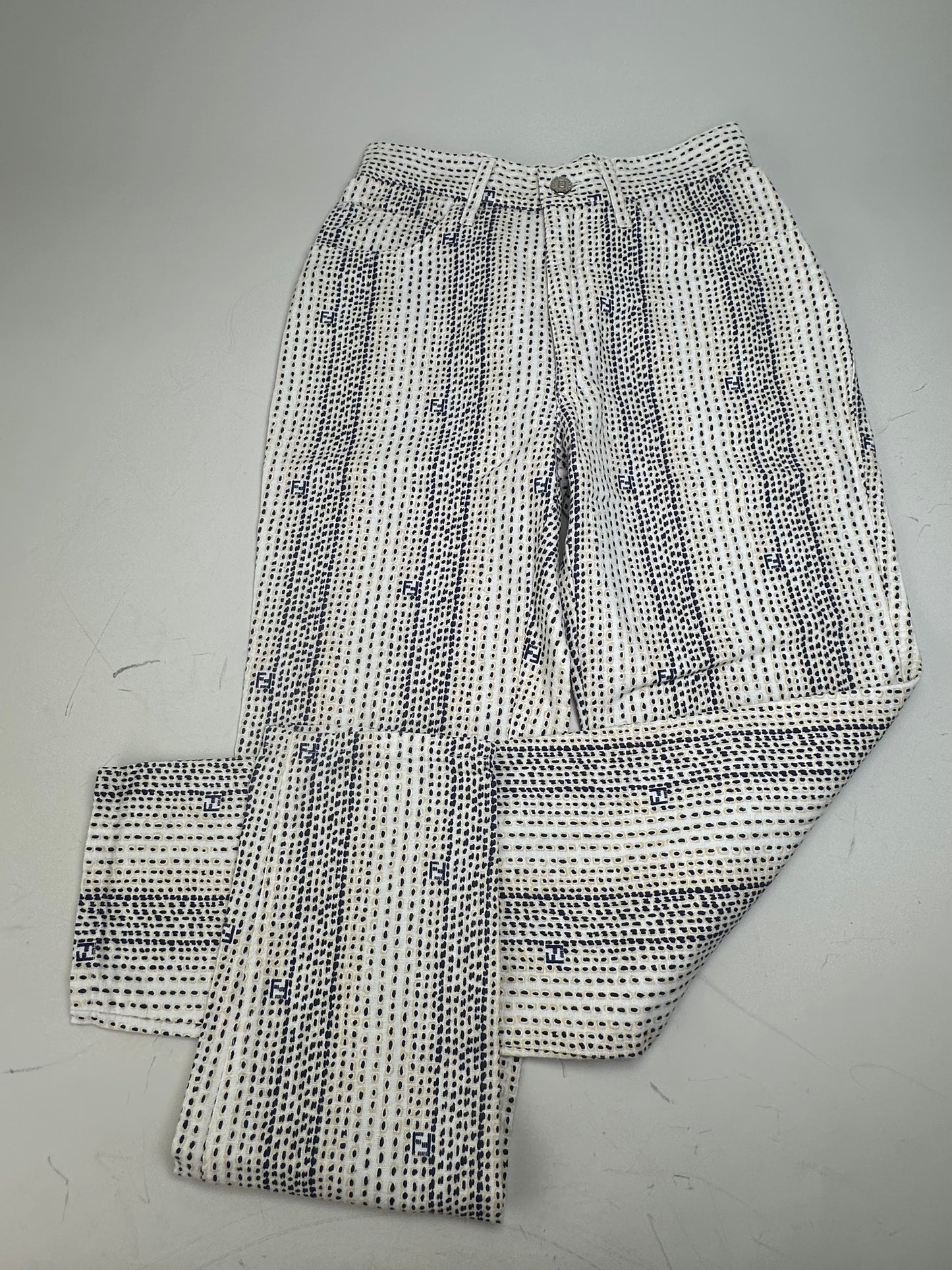 Vintage Fendi Printed Cotton Trousers White Navy XS