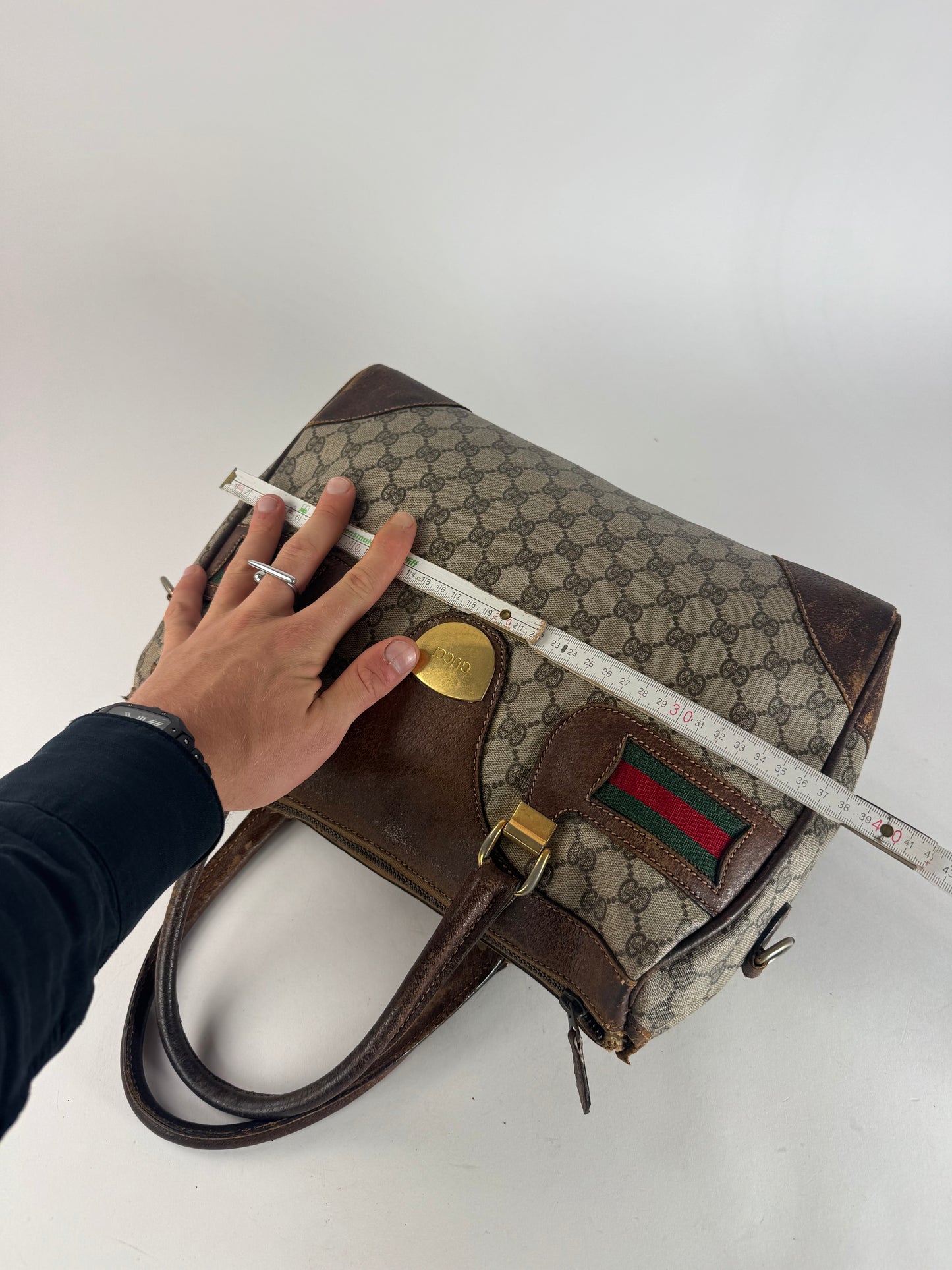 Vintage Gucci Monogram Leather Handbag Brown Grey