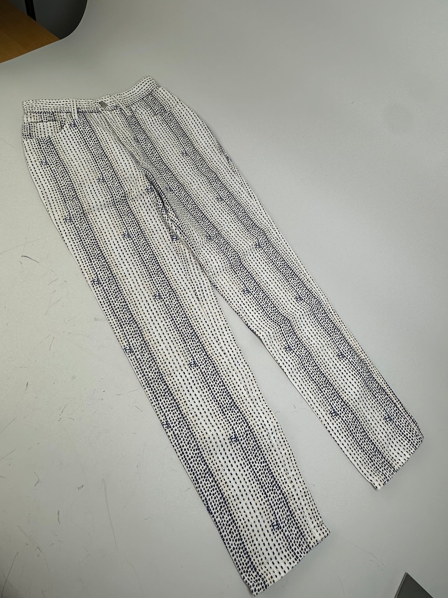 Vintage Fendi Printed Cotton Trousers White Navy XS