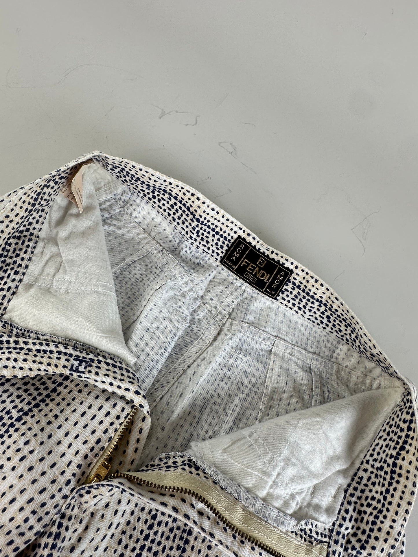 Vintage Fendi Printed Cotton Trousers White Navy XS