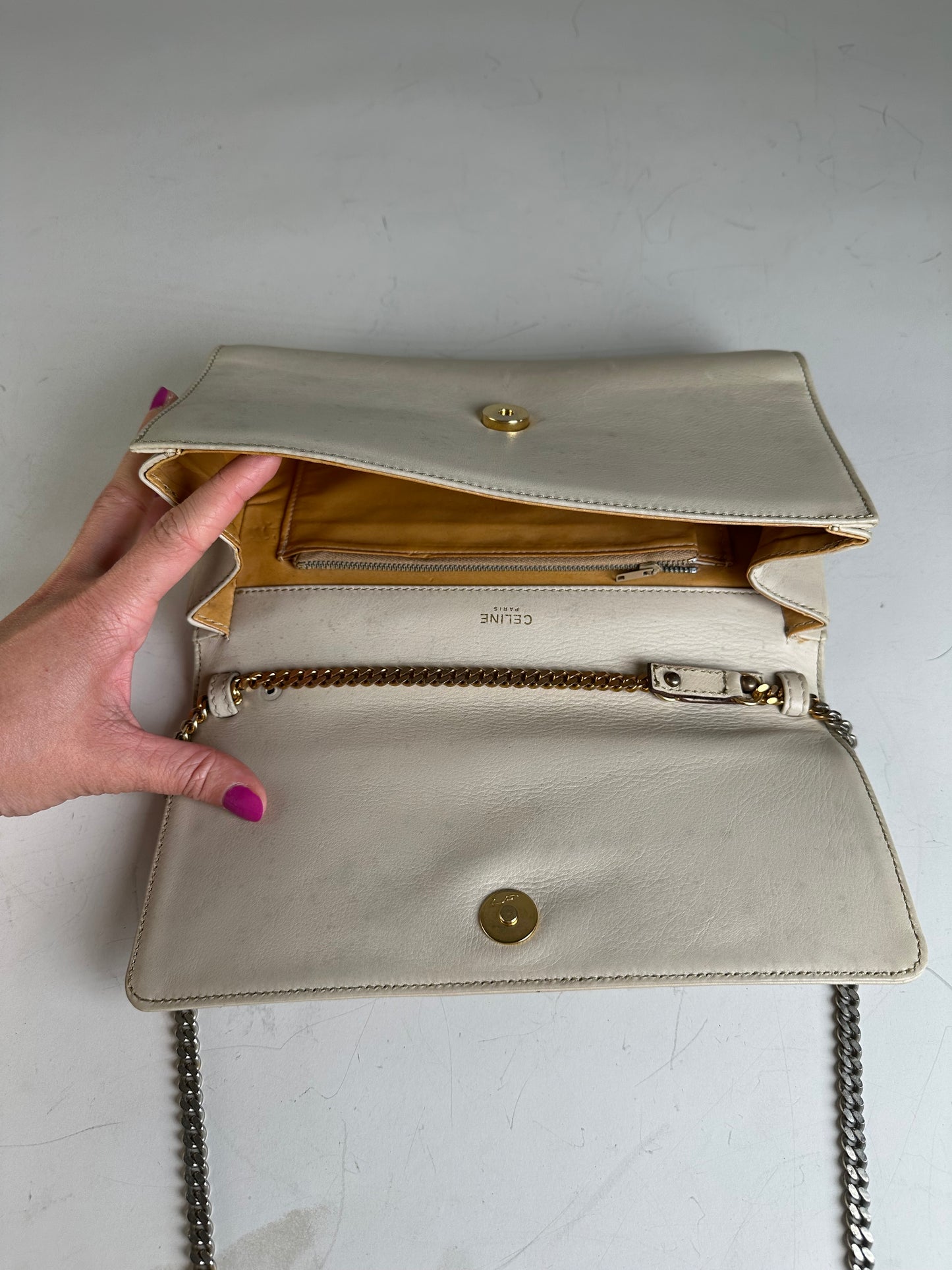 Vintage Celine Leather Shoulder Bag Cream Gold