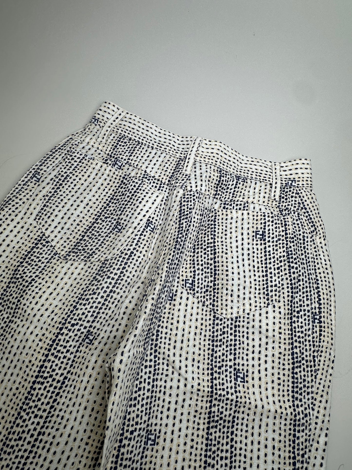 Vintage Fendi Printed Cotton Trousers White Navy XS