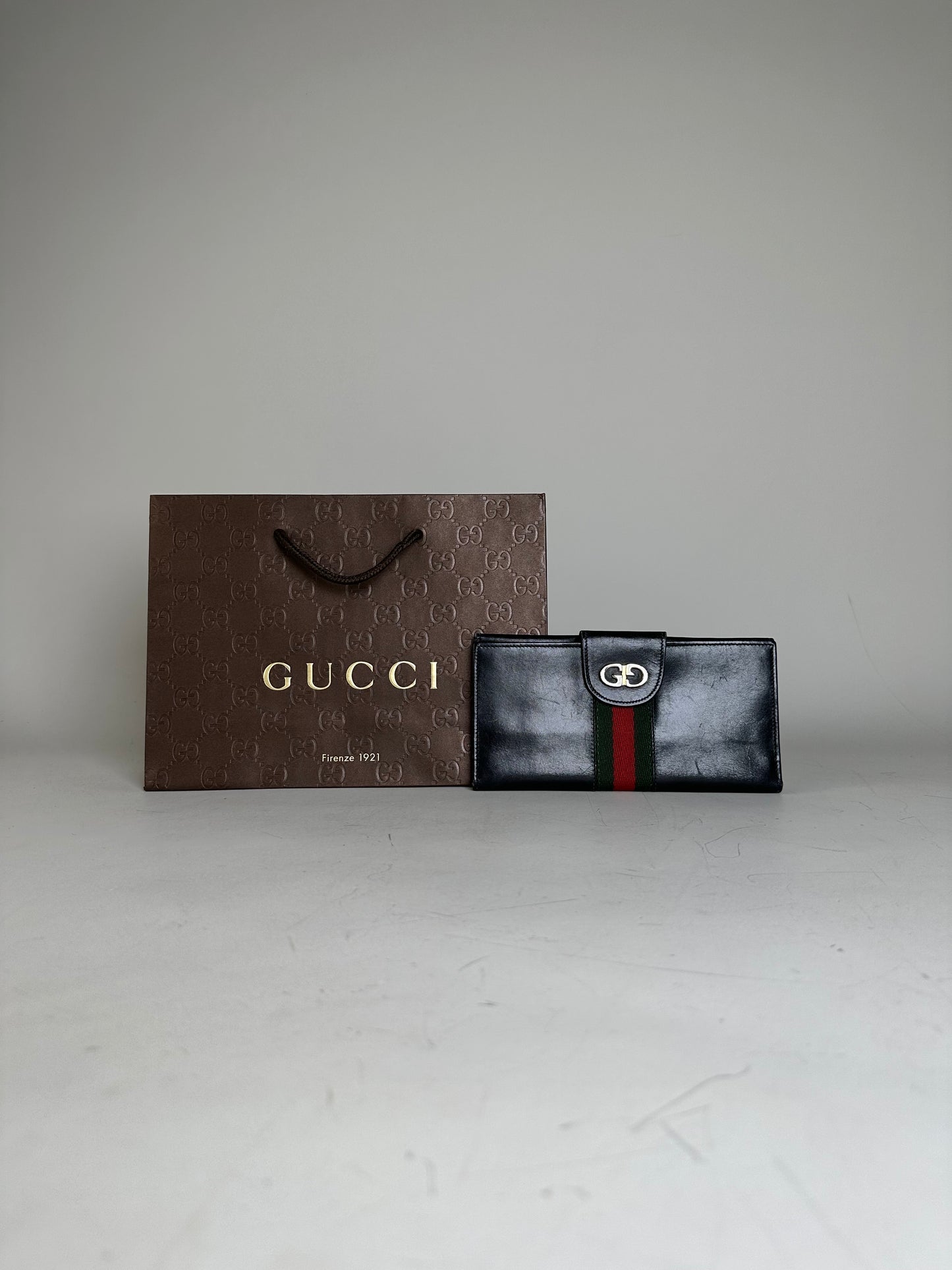 Vintage Gucci Web Stripe Leather Wallet Black Gold