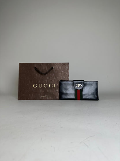 Vintage Gucci Web Stripe Leather Wallet Black Gold