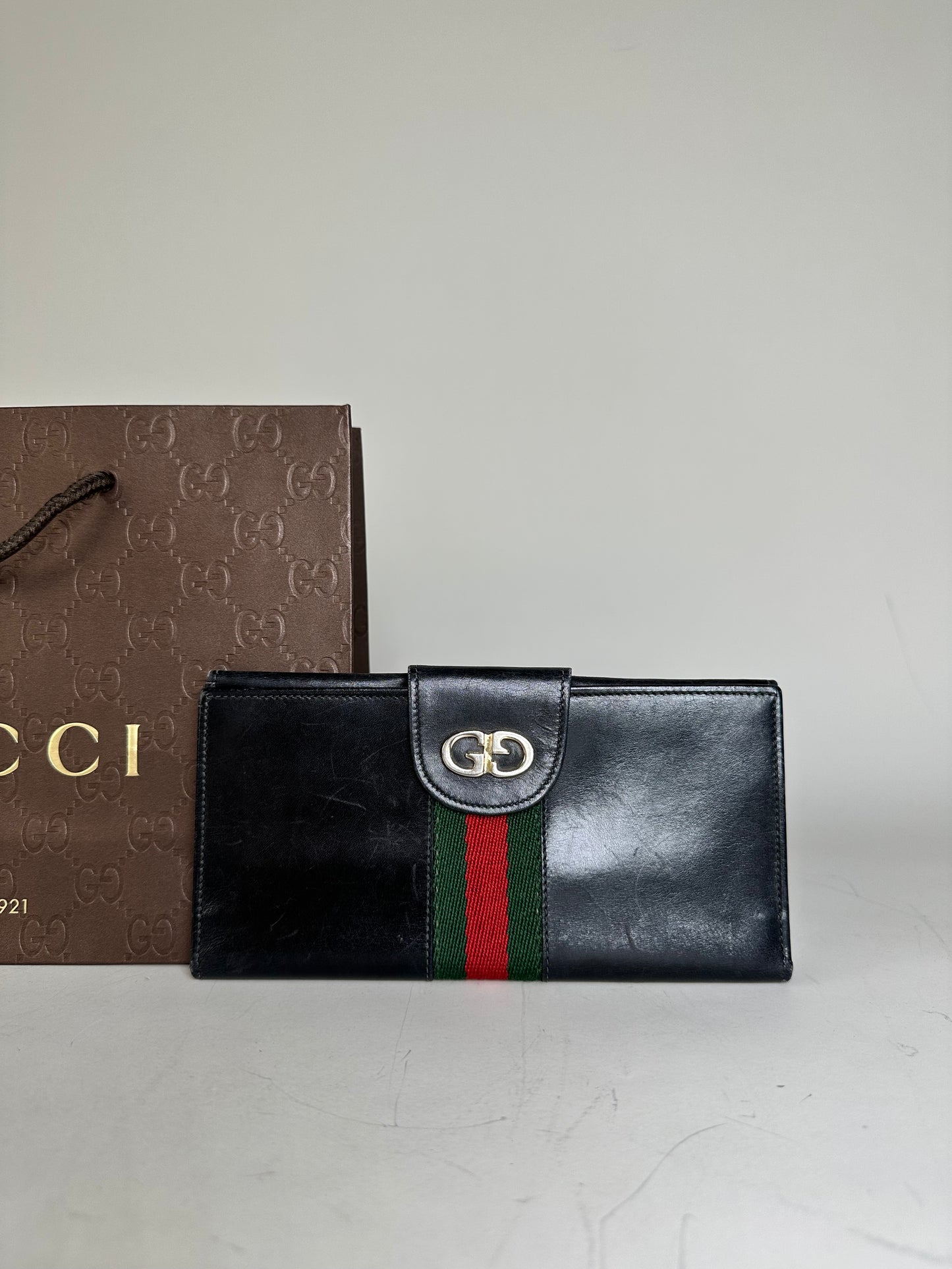 Vintage Gucci Web Stripe Leather Wallet Black Gold