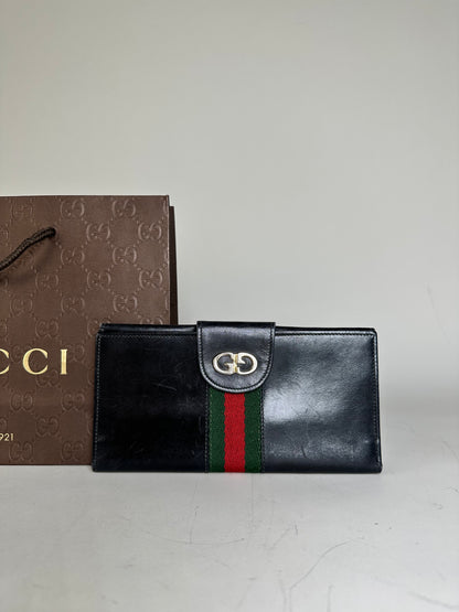 Vintage Gucci Web Stripe Leather Wallet Black Gold