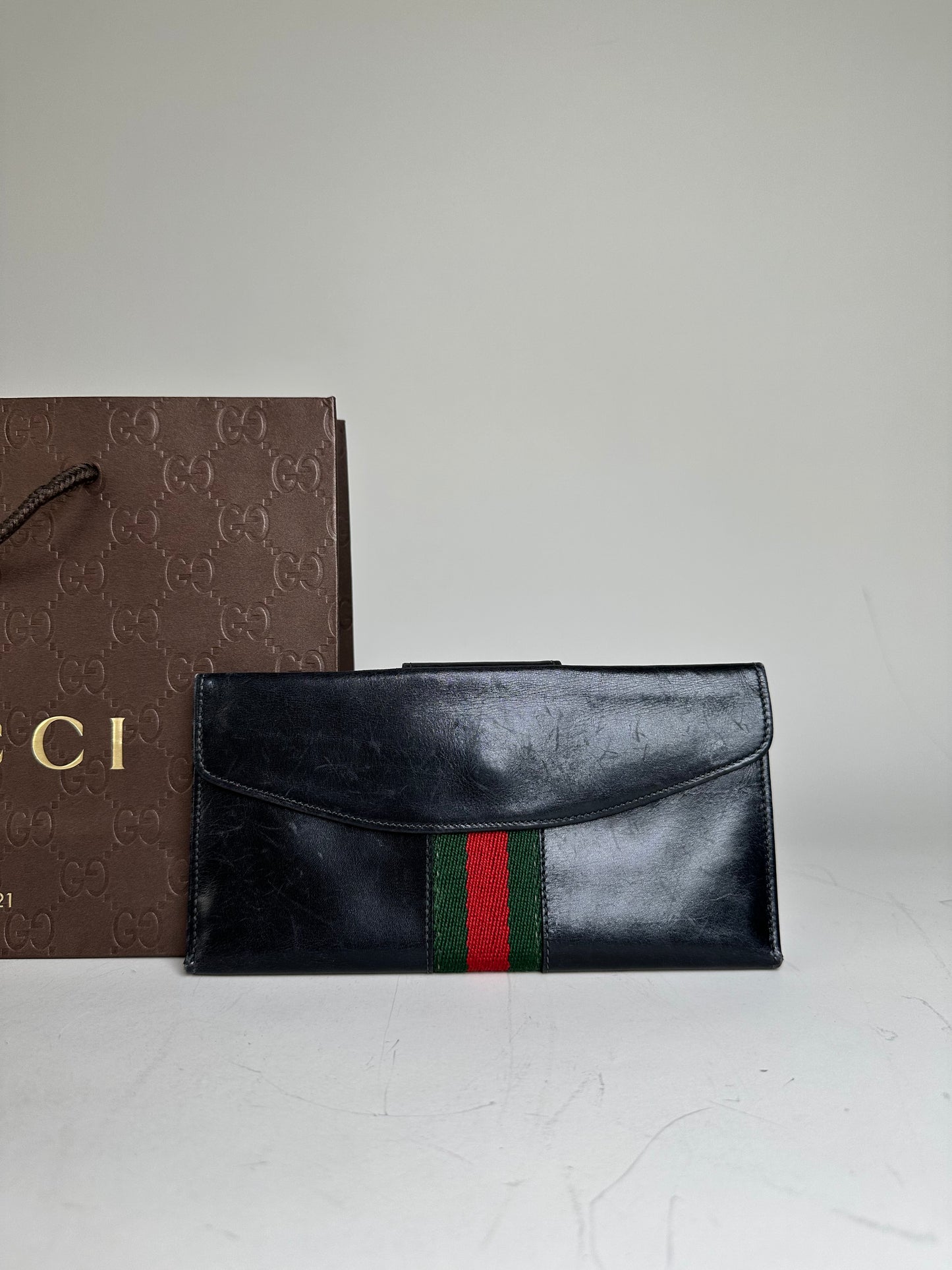 Vintage Gucci Web Stripe Leather Wallet Black Gold