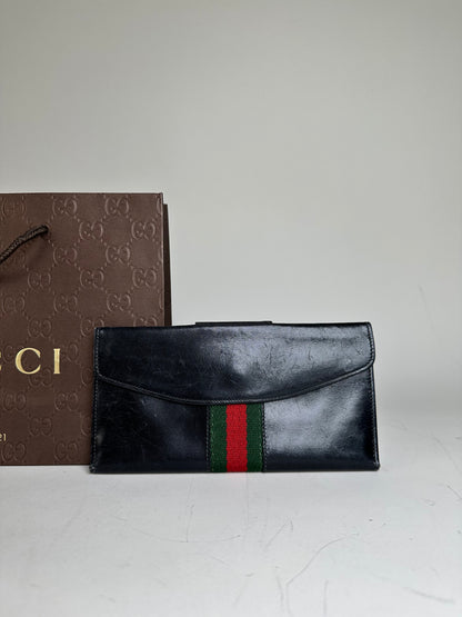Vintage Gucci Web Stripe Leather Wallet Black Gold
