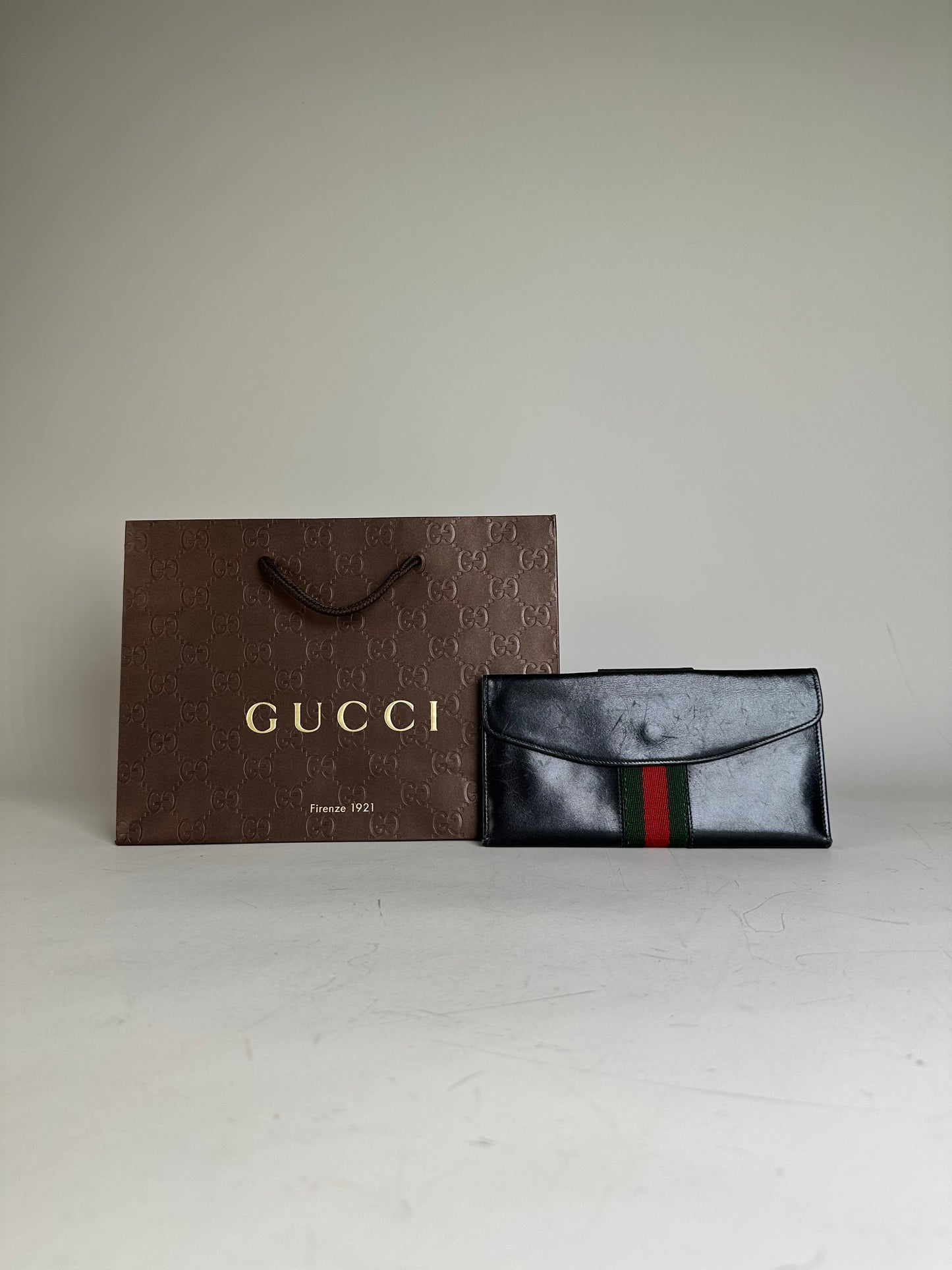 Vintage Gucci Web Stripe Leather Wallet Black Gold