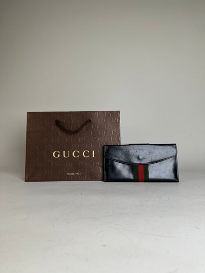 Vintage Gucci Web Stripe Leather Wallet Black Gold
