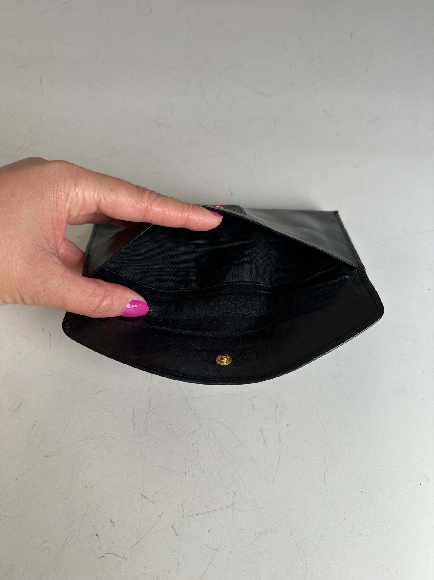 Vintage Gucci Web Stripe Leather Wallet Black Gold