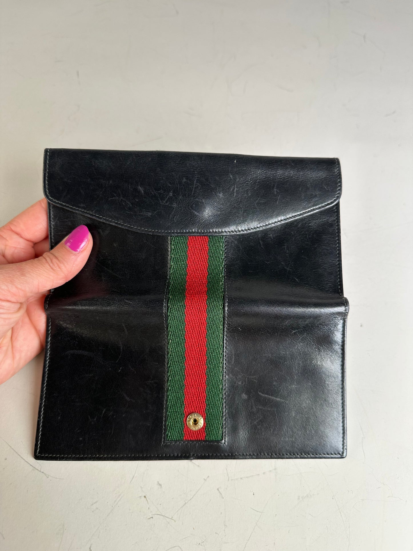 Vintage Gucci Web Stripe Leather Wallet Black Gold