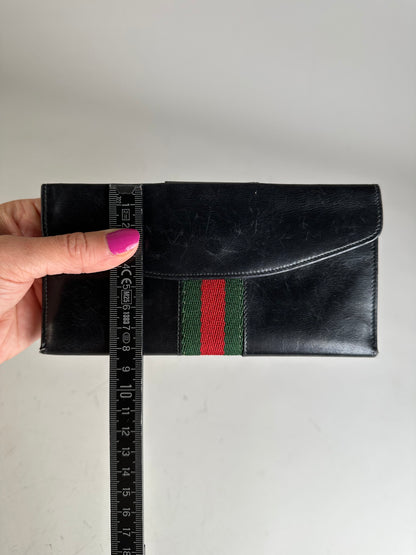 Vintage Gucci Web Stripe Leather Wallet Black Gold