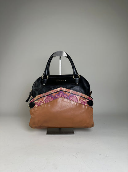 Vintage Etro Leather and Fabric Handbag Black Pink Tan