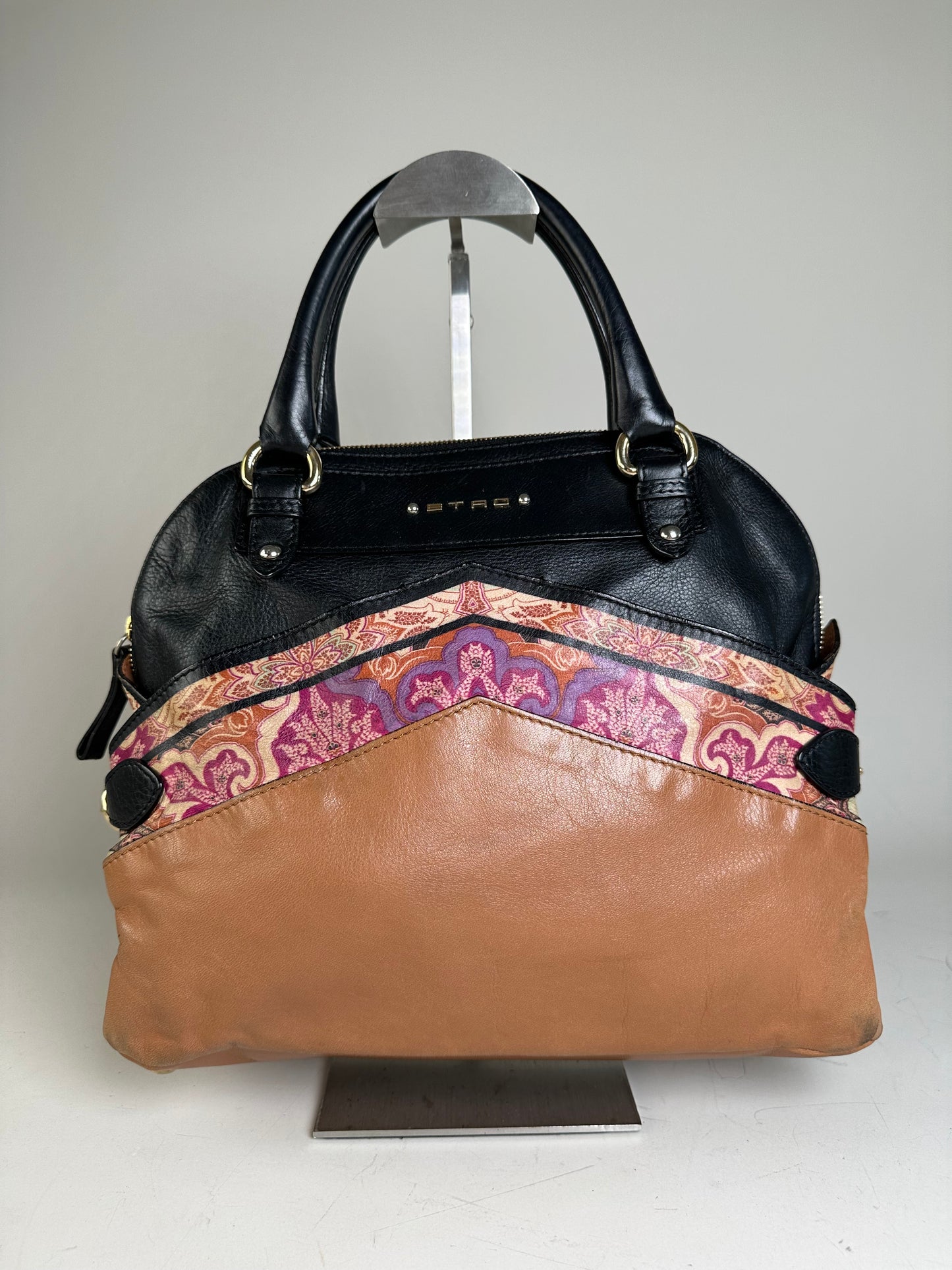 Vintage Etro Leather and Fabric Handbag Black Pink Tan