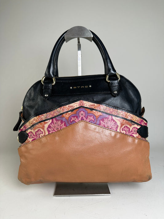 Vintage Etro Leather and Fabric Handbag Black Pink Tan