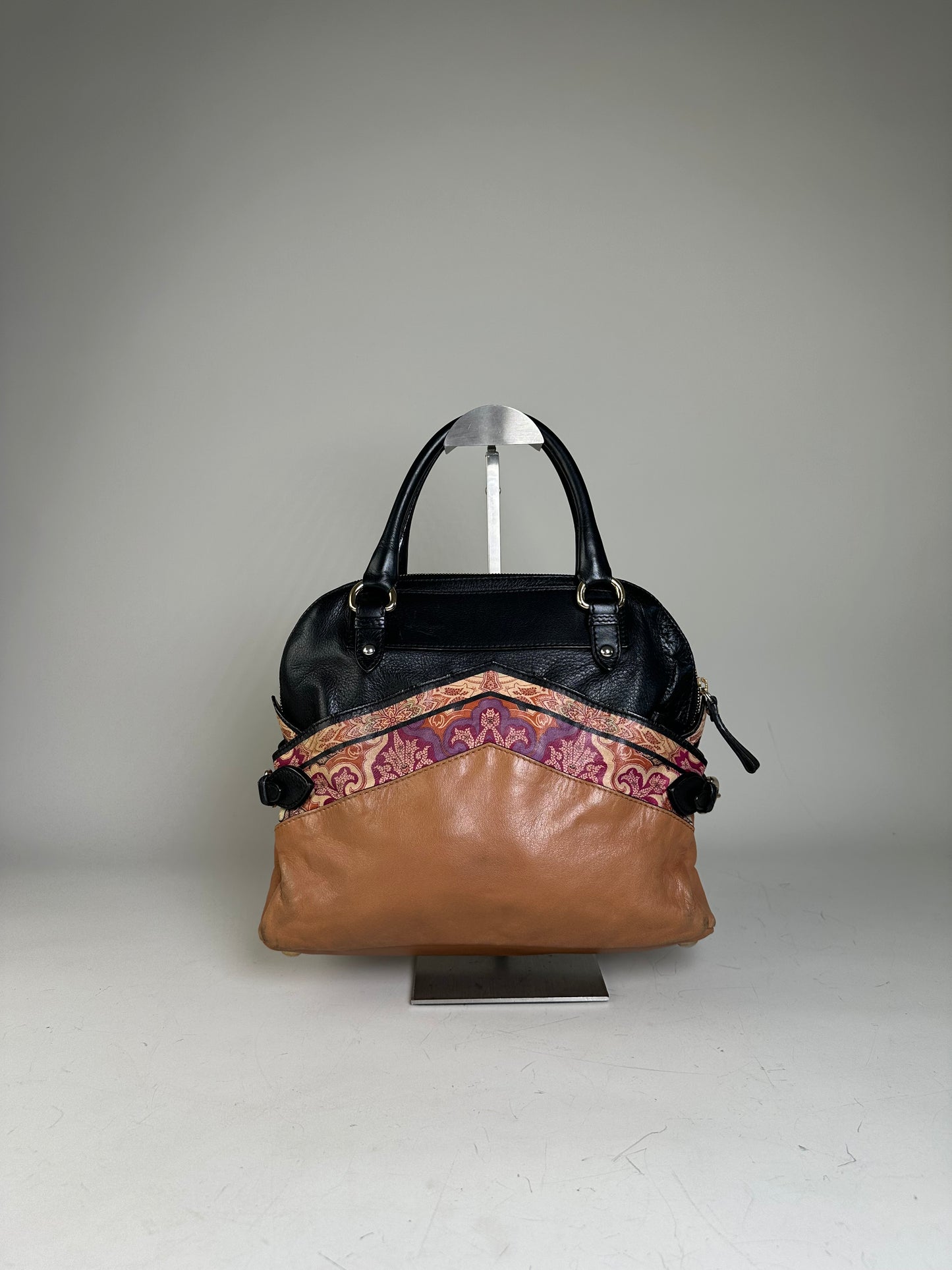 Vintage Etro Leather and Fabric Handbag Black Pink Tan
