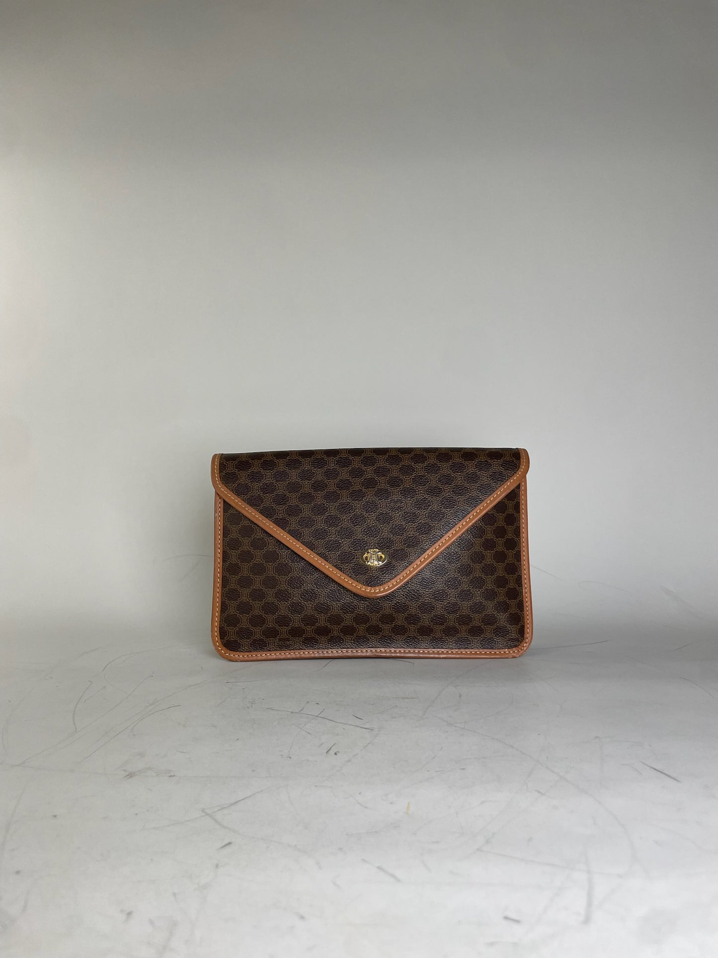 Vintage Celine Coated Canvas Clutch Brown Tan Gold