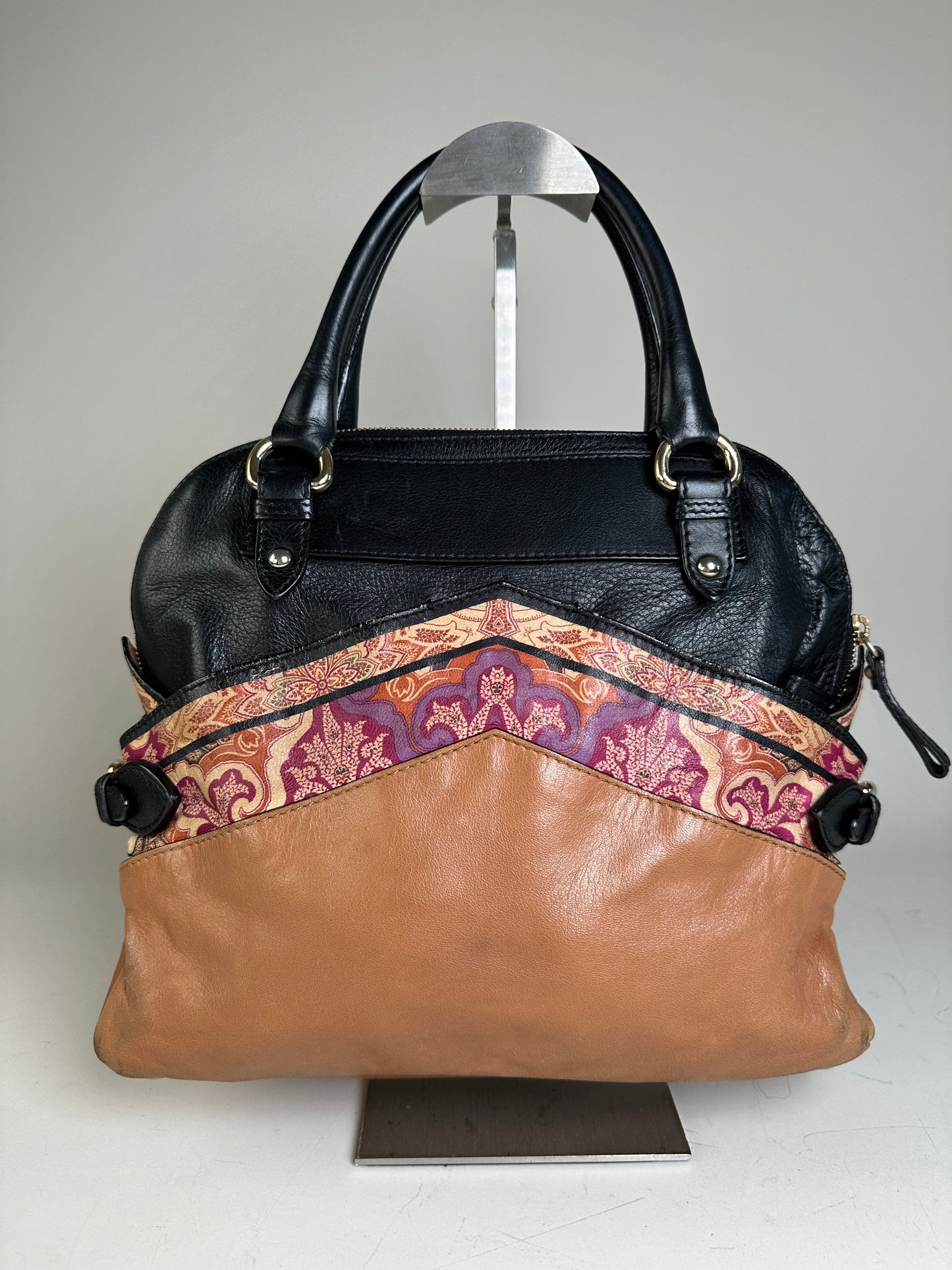 Vintage Etro Leather and Fabric Handbag Black Pink Tan