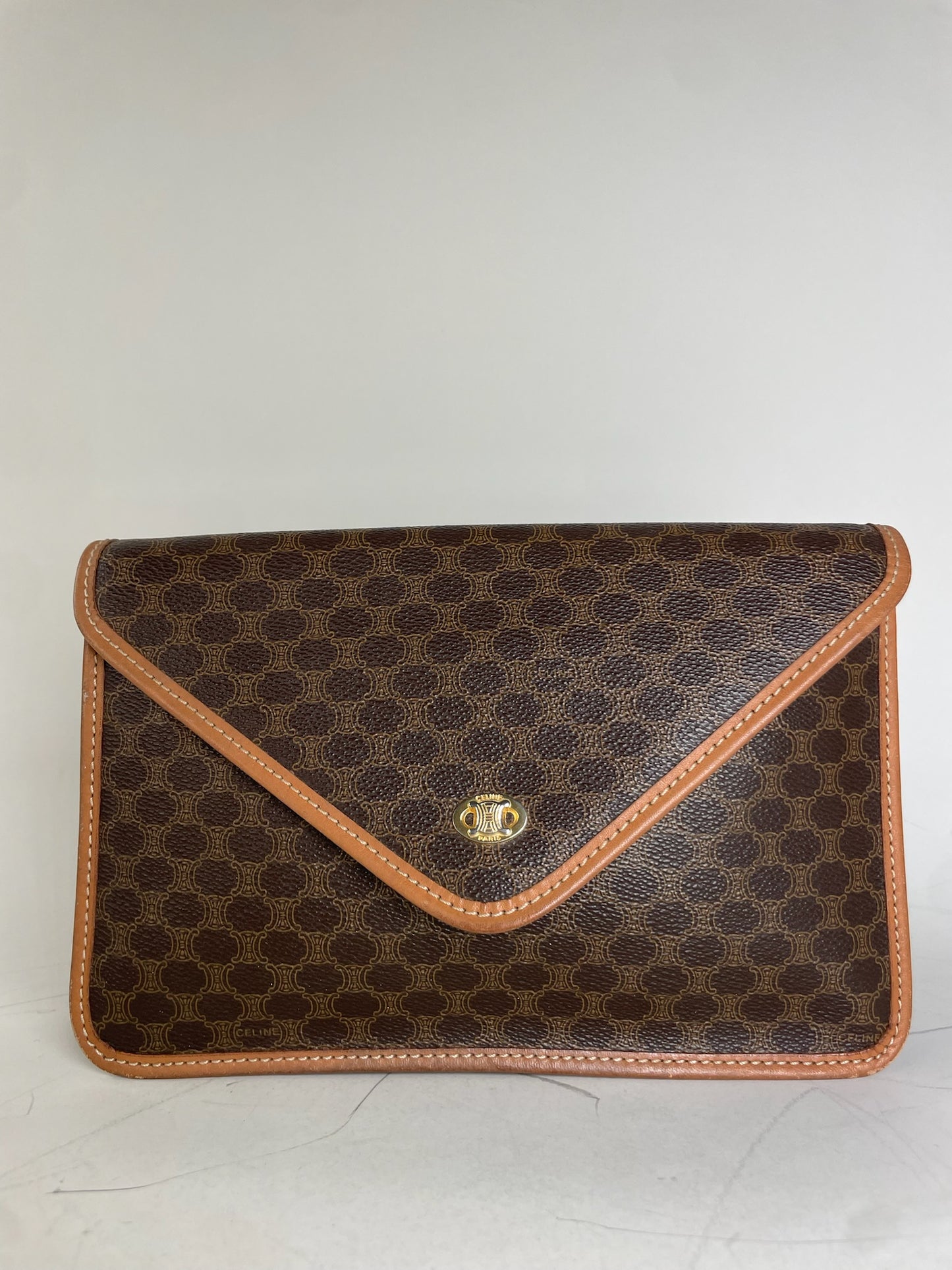 Vintage Celine Coated Canvas Clutch Brown Tan Gold
