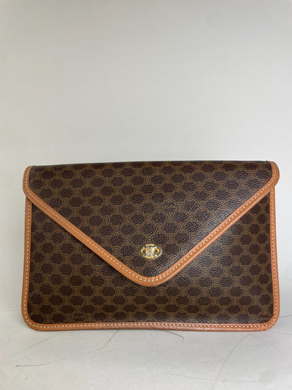 Vintage Celine Coated Canvas Clutch Brown Tan Gold