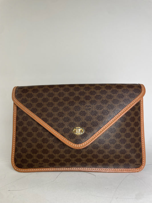 Vintage Celine Coated Canvas Clutch Brown Tan Gold