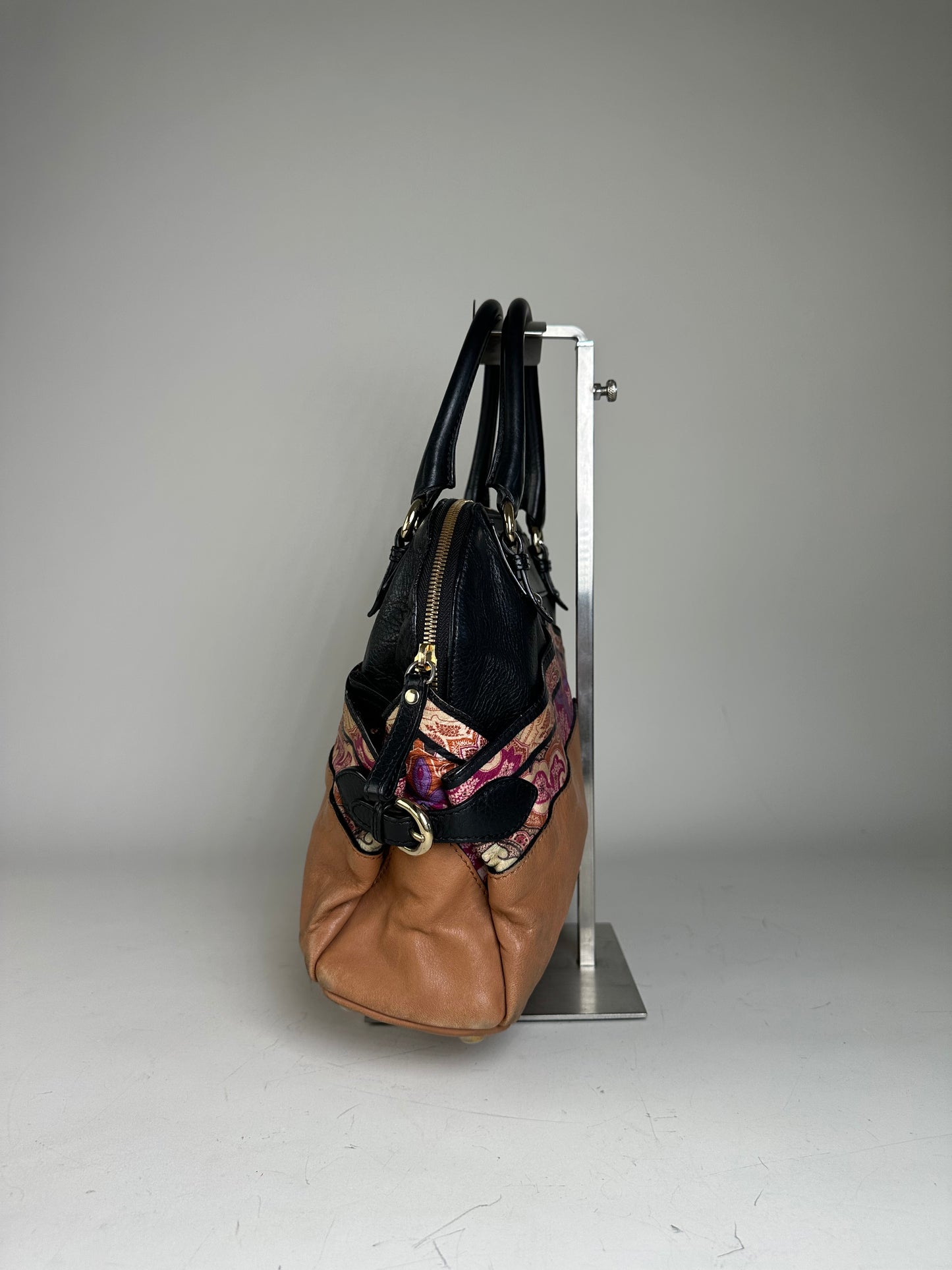 Vintage Etro Leather and Fabric Handbag Black Pink Tan