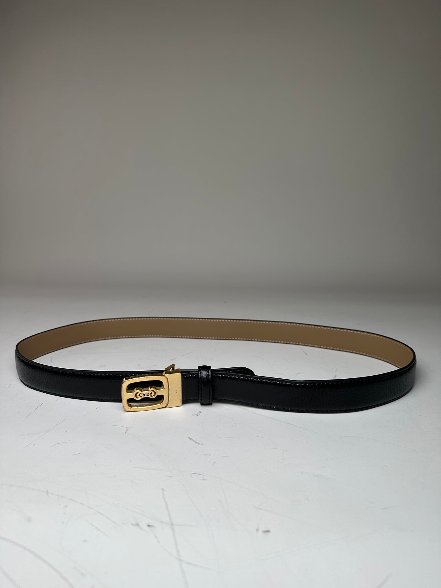 Vintage Chloe Leather Belt Black Beige Gold Buckle
