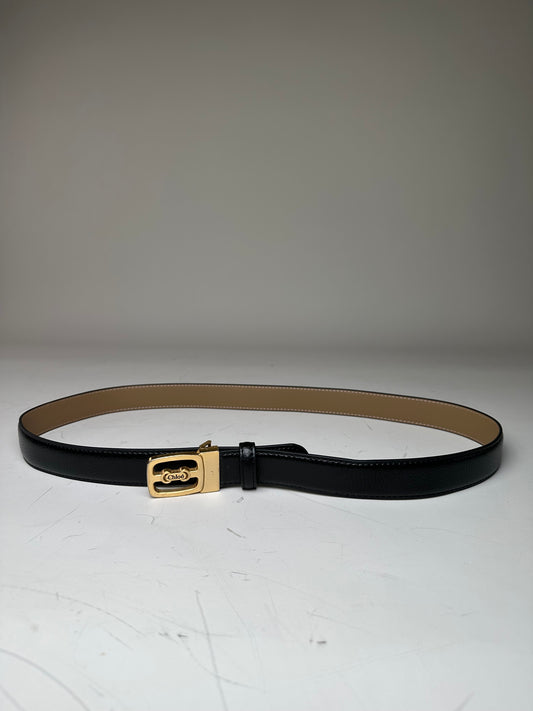 Vintage Chloe Leather Belt Black Beige Gold Buckle