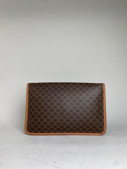 Vintage Celine Coated Canvas Clutch Brown Tan Gold