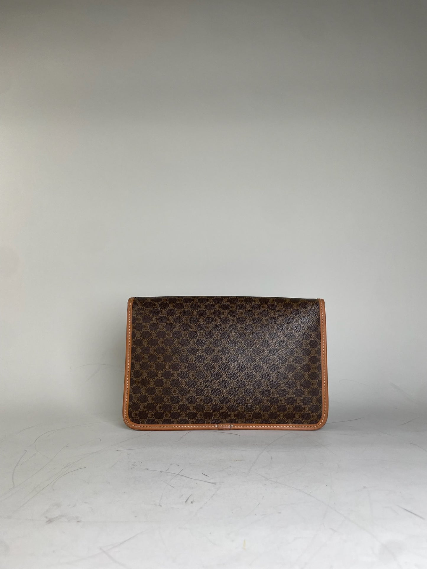 Vintage Celine Coated Canvas Clutch Brown Tan Gold