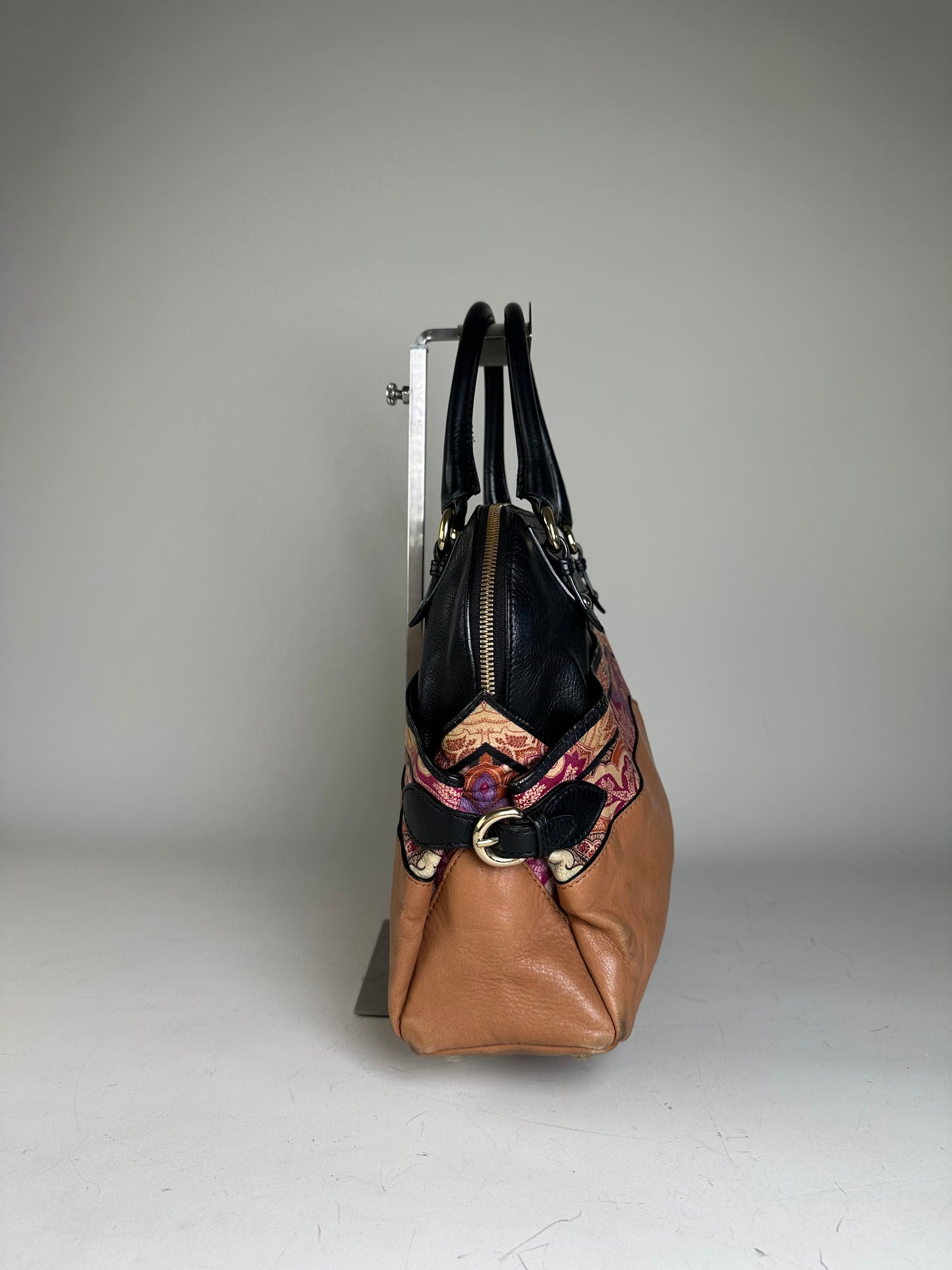 Vintage Etro Leather and Fabric Handbag Black Pink Tan