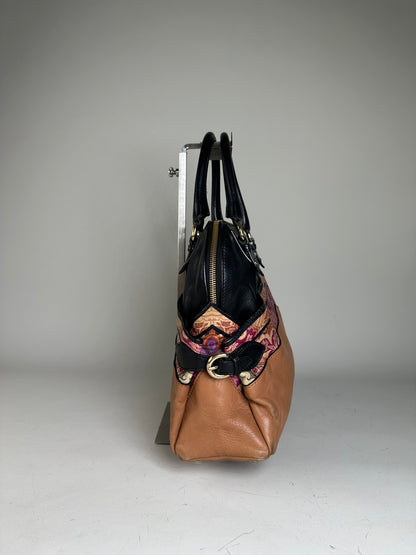 Vintage Etro Leather and Fabric Handbag Black Pink Tan