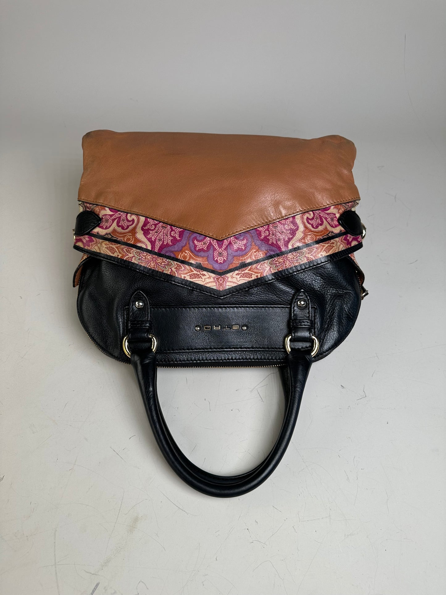 Vintage Etro Leather and Fabric Handbag Black Pink Tan