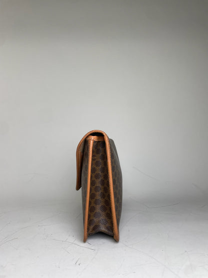 Vintage Celine Coated Canvas Clutch Brown Tan Gold