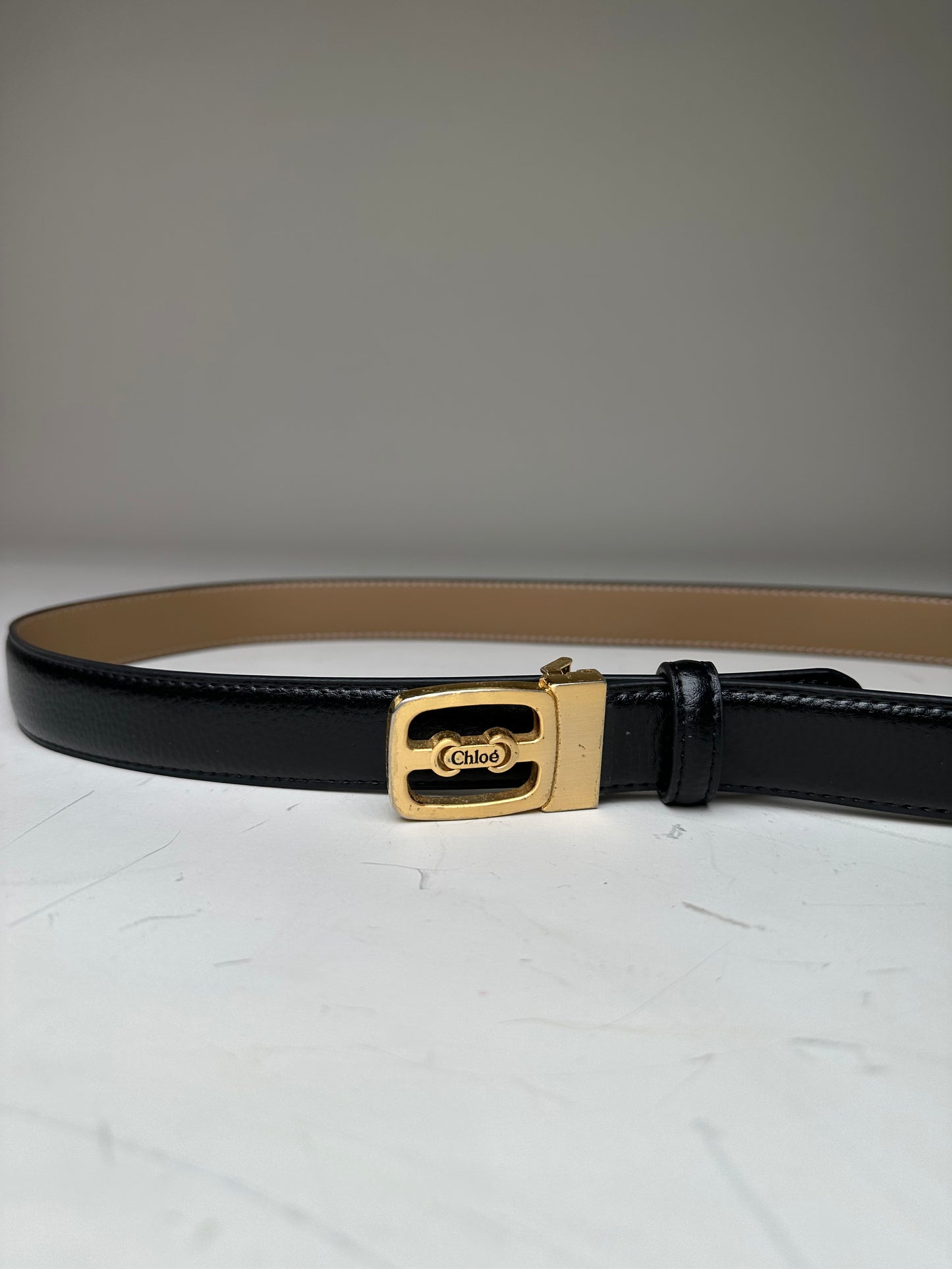 Vintage Chloe Leather Belt Black Beige Gold Buckle