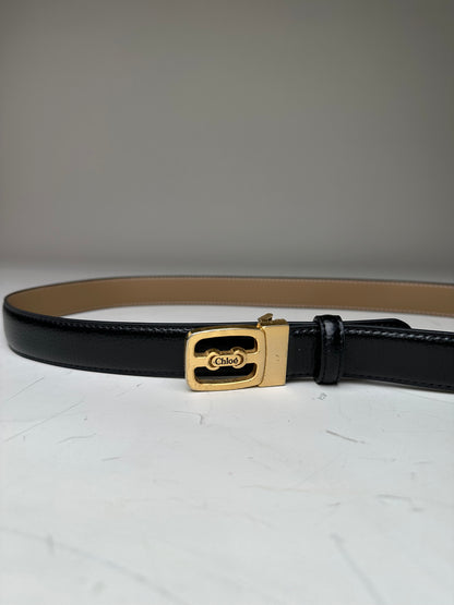 Vintage Chloe Leather Belt Black Beige Gold Buckle