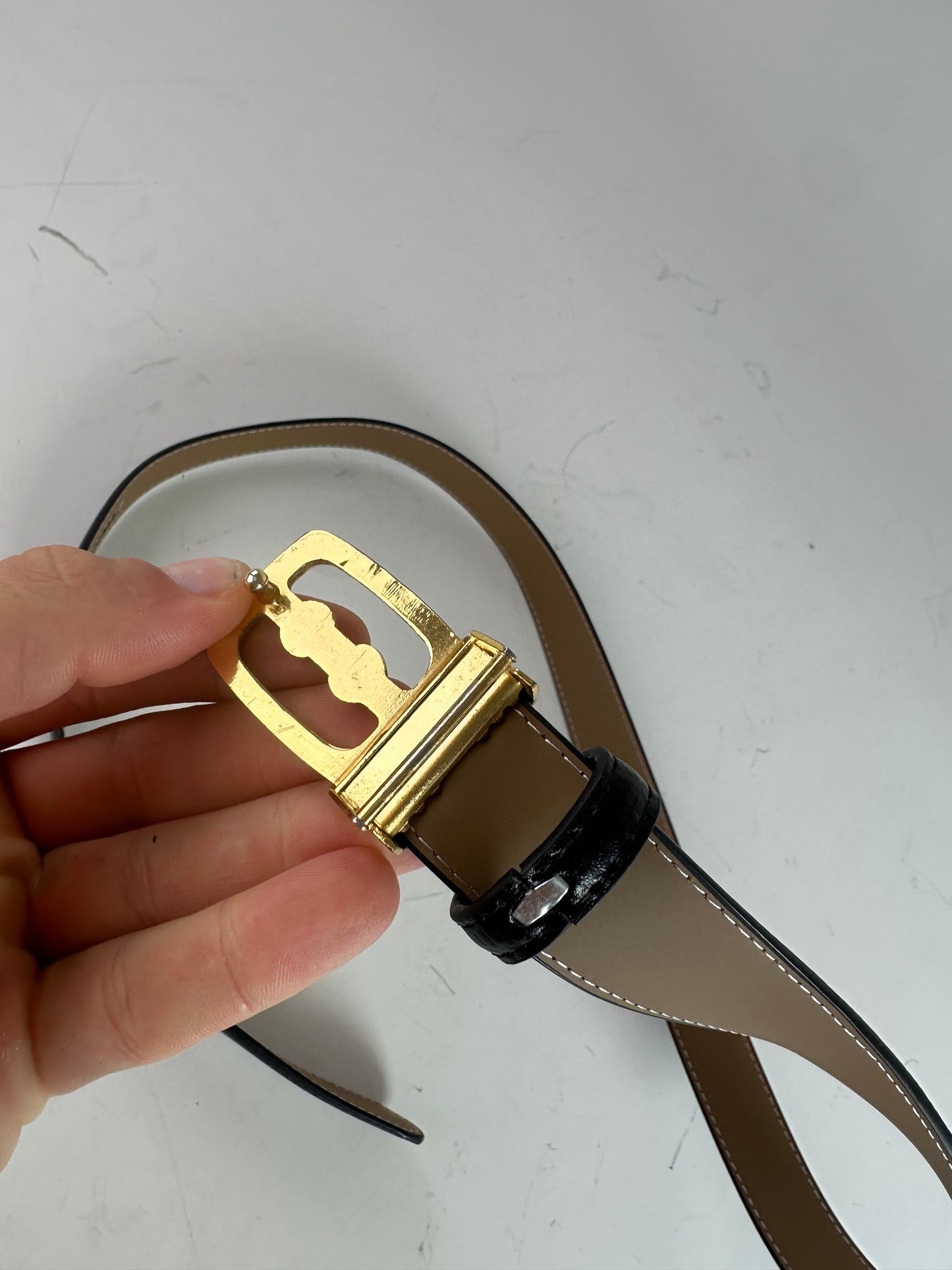 Vintage Chloe Leather Belt Black Beige Gold Buckle